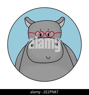 Grau niedlichen männlichen Cartoon Hippo lächelt. Avatar mit blauem Hintergrund ist isoliert. Herzförmige Gläser für Valentinstag sind auf dem Tier Stock Vektor