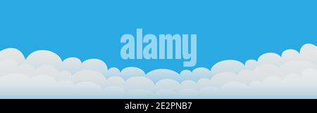 Flaches Design mit Wolken. Weiße Cartoon Wolken auf blauem Himmel Hintergrund. Gute Wetter Vorlage für Poster, Banner oder Werbung. Vektor Stock Vektor