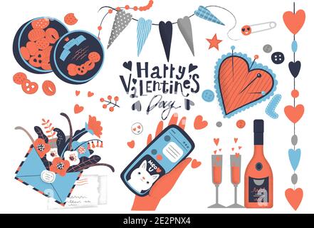 Große Reihe von Happy Valentines Day Theme-Icons. Herz, Plätzchen-Box, Umschlag mit Blumen gefüllt, Hand mit dem Smartphone Stock Vektor