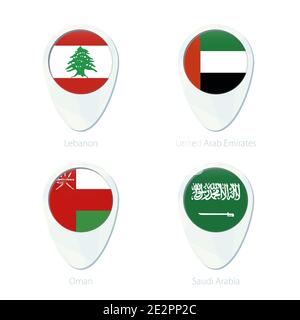 Libanon, Vereinigte Arabische Emirate, Oman, Saudi-Arabien Flagge Lage Karte PIN-Symbol. Flagge Libanon, Flagge VAE, Flagge Oman, Flagge Saudi-Arabien. Vektorgrafik Stock Vektor