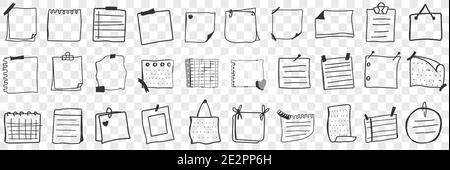 Verschiedene Papiere und Notizen Doodle Set. Sammlung von handgezeichneten Stücken und Seiten von Papiernotizen mit Erinnerungen und Informationen isoliert auf transparentem Hintergrund. Darstellung von Notizbüchern in Reihen Stock Vektor