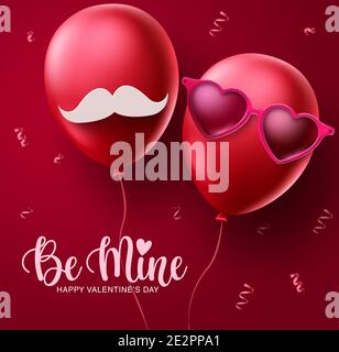 Valentines paar Luftballons Vektor Konzept Design. Happy valentines be Mine Text mit roten Liebhabern Ballon Dekoration Elemente in rotem Hintergrund. Vektor Stock Vektor