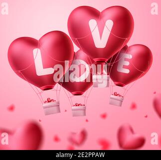 Love Heart Ballons für valentinstag Konzept Design. Bündel von roten Herz Luftballons Element schwebend in verschwommenem Hintergrund. Vektorgrafik. Stock Vektor
