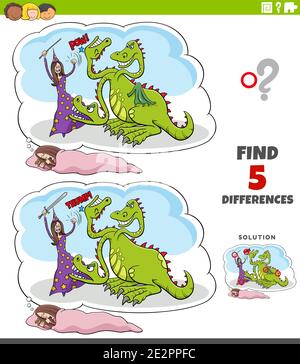Cartoon Illustration der Suche nach den Unterschieden zwischen Bildern Lernspiel Mit Mädchen Fantasie Traum Stock Vektor