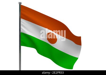 Niger Flagge auf Mast. Metallfahnenmast. Nationalflagge von Niger 3D-Illustration isoliert auf weiß Stockfoto