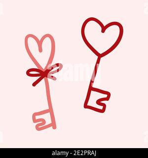 Valentinstag Thema Doodle Vektor-Symbol von Hand gezeichneten Schlüssel Mit Herzform isoliert auf einem rosa Stock Vektor