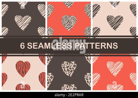 6 nahtlose Muster mit Herzen. Vektor-Hintergründe für Design, Papier, Textil. Für Valentinstag, Hochzeitstag. Stock Vektor