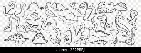 Lustige Dinosaurier Doodle Set. Sammlung von Hand gezeichnet lustig niedlichen Dinosaurier von verschiedenen Formen und Alter genießen das Leben glücklich isoliert auf transparentem Hintergrund. Illustration von Dinosaurier für Kinder Stock Vektor