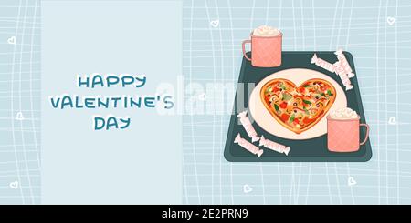 Blau und Weiß Happy Valentines Day einfacher Text. Herzförmige Pizza, Süßigkeiten und zwei rosa Tassen heiße Schokolade und Marshmallows sind auf dem Tablett auf sq Stock Vektor