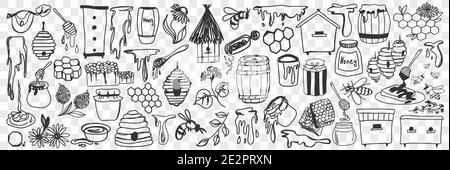 Bienenzucht Attribute und Werkzeuge Doodle Set. Sammlung von handgezeichneter Honig, Bienenstock, Bienen, Fässer und Werkzeuge für Bienenarbeiten auf Bauernhof isoliert auf transparentem Hintergrund. Illustration von Imkerwerkzeugen Stock Vektor