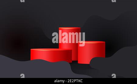 Farbliche Minimalszene mit schwarzen wellenförmigen liquiden Formen und roten leeren Podien, Podesten oder Plattformen. Urlaubsbanner, Webposter, Flyer, Farbbroschüre Stock Vektor