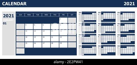 Kalender 2021 Woche Start Sonntag Design-Planer mit blau und grau, Stock-Vektor Stock Vektor