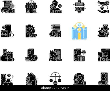 Pfandhaus schwarze Glyphen Symbole auf weißem Raum gesetzt Stock Vektor