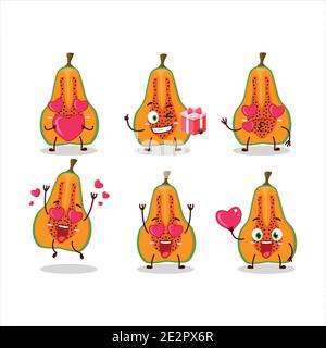 Stück Papaya Cartoon-Charakter mit Liebe niedlichen Emoticon. Vektorgrafik Stock Vektor