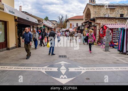 Sarajevo Treffen der Kulturen, das Zeichen, dass osmanische und österreichisch-ungarische Kulturen in Sarajevo, Bosnien und Herzegowina treffen Stockfoto