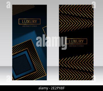 Modernes Design. Abstrakter Hintergrund mit dunklen Quadraten auf einem schwarzen. Leuchtend goldene Streifen. Luxus-Banner. Vektorgrafik. Stock Vektor