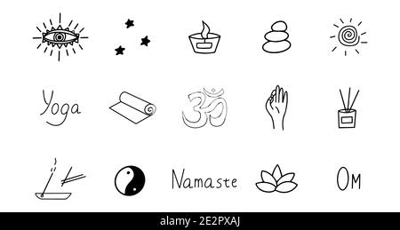 Set von Elementen für Meditation und Yoga. Schwarz-Weiß-handgezeichnetes Doodle-Symbol. Vektor-isolierte Symboldarstellung Stock Vektor