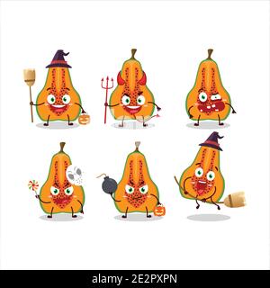 Halloween Ausdruck Emoticons mit Cartoon-Charakter der Scheibe Papaya. Vektorgrafik Stock Vektor