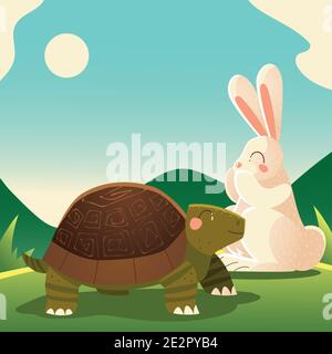 Schildkröte und Kaninchen im Gras Cartoon Tiere Vektor Illustration Stock Vektor