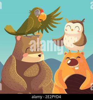 Cartoon Tiere Bär Papagei Biber und Eule Wildlife Vektor Illustration Stock Vektor