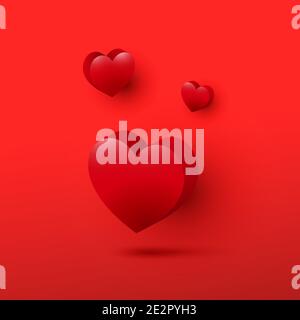 Schöne 3d dekorative Valentinstag Herz Symbol auf rotem Hintergrund gesetzt. Festkarte, Vektorgrafik Stock Vektor