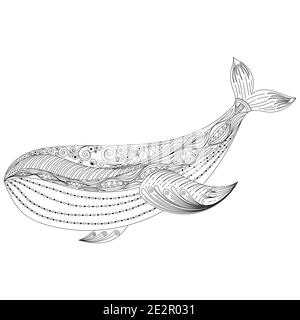 Zentangle Vektor Whale für Erwachsene Anti Stress Malvorlagen. Ornamental Tribal gemustert Illustration für Tattoo, Poster oder Print. Handgezeichnetes Monochro Stock Vektor