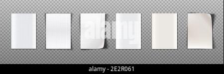 Realistische Vektorsammlung von Papierblättern mit unterschiedlicher Textur für Notizen. Isoliert auf transparentem Hintergrund. Stock Vektor