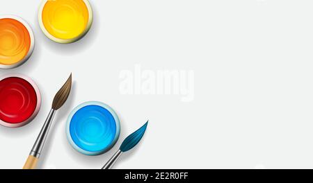 Dosen mit Gouache, Acryl-Farbkollektion Set mit realistischem 3d-Holzpinsel. Designelemente für den Hintergrund der Kunst. Vektorgrafik Stock Vektor