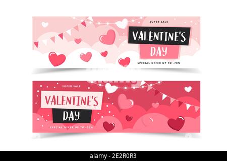 Valentinstag Banner mit Herzen und Schriftzug. Vektorgrafik im flachen Stil Stock Vektor