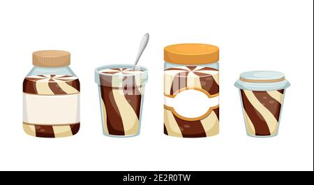 Set von Vektorgrafiken mit Dosen aus Schokoladenpaste. Nachtisch. Süßer Snack. Stock Vektor