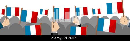Menschen, die die Nationalflaggen in der Hand halten, Vektorbanner Illustration / Frankreich Stock Vektor