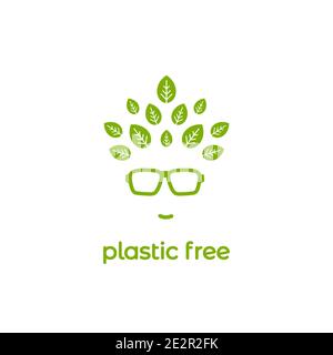 Grüne Silhouette des Mannes Kopf in Hipster Brille mit Blättern in Haar und Text Kunststoff frei. avatar mit Bäumen und Text. Ökologie, umweltfreundlich. Gehen Sie los Stock Vektor