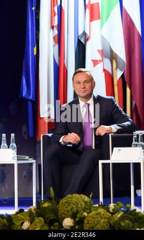 Andrzej Duda, Präsident Polens, spricht während des Polnischen Wirtschaftsforums. Politiker, Ökonomen und Geschäftsleute aus Europa trafen sich während des Polnischen Wirtschaftsforums 2017 in Krynica. Stockfoto