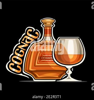 Vektor-Logo für Cognac, Umriss-Illustration der braunen Flasche mit dekorativem Etikett und halbvollem Snifter-Glas, Plakette mit einzigartigem Design-Schriftzug f Stock Vektor