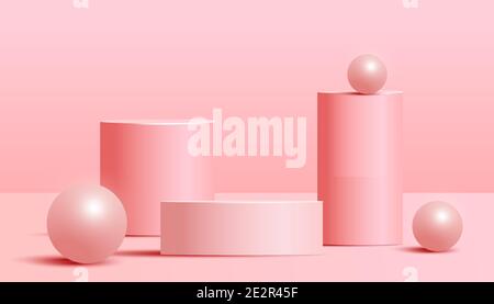 Zylinder Podium mit Wellenform und Blase auf einem rosa Hintergrund. Minimale Szene mit geometrischen Formen für die Produktpräsentation. Vektorgrafik Stock Vektor
