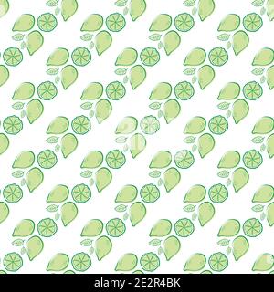 Zitrusfrüchte und Minzblätter Vektor nahtlose Muster Hintergrund. Retro grün weiß Hintergrund mit Minze Limonade Zutaten. Linienkunst Stock Vektor