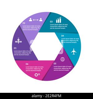 Farbenfrohe Infografik in Form der Kamerablende. Sechs Schritte oder Optionen. Sechseck-Zoomeffekt. Diagramm, Diagramm, Diagramm, Präsentationsvorlage. Vektor Stock Vektor
