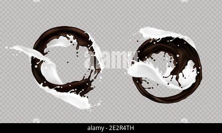 Spritzer von Milch und dunkler Schokolade oder Kaffee in Wirbel isoliert auf transparentem Hintergrund gemischt. Flüssige dynamische Tröpfchen, Gießen Elemente für Paket-Design, Promo-Anzeige, realistische 3d-Vektor-Illustration Stock Vektor