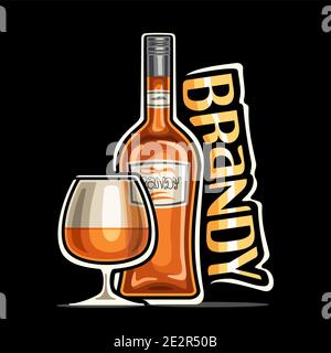 Vektor-Logo für Brandy, Umriss Illustration der braunen Flasche mit dekorativem Etikett und halb voll Snifter Glas, Plakette mit einzigartigem Design-Schriftzug f Stock Vektor
