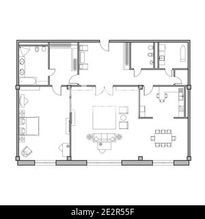 Architektonischer Plan der Wohnung. Technische Zeichnung. Draufsicht mit einer Reihe von Möbeln und Sanitär-Ausrüstung. Vektor isoliert Stock Vektor