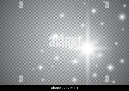 Weiß leuchtende Lichter Auswirkungen auf transparentem Hintergrund isoliert. Sun Flash mit Rochen und Spotlight. Glow Light Effect. Star Burst mit funkelt. Stock Vektor