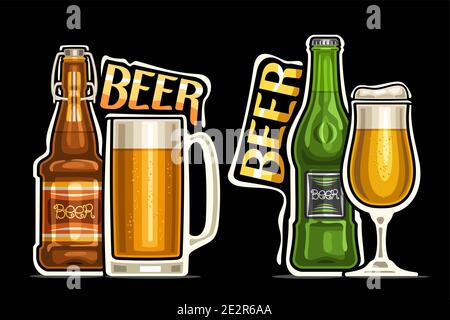 Vector Logos für Bier, Umrisse Illustrationen von braunen und grünen Flaschen mit dekorativen Etiketten, Vollbecher und Glas Bier mit Schaum, einzigartiges Design l Stock Vektor