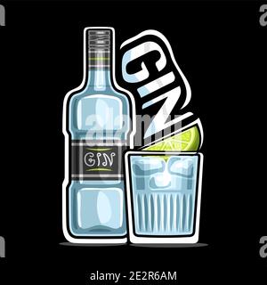 Vektor-Logo für Gin, Umriss Illustration der blauen Flasche mit dekorativem Etikett und volles Glas gekühlten trockenen Gin Tonic mit Zitronenscheibe, Plakette mit Stock Vektor