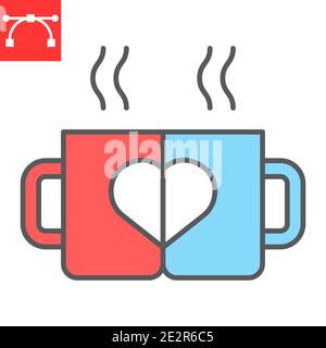 Schöne Tassen Farbe Linie Symbol, Valentinstag Tag und Café, Tasse mit Herz Zeichen Vektor-Grafiken, editierbare Kontur gefüllt Kontur Symbol, eps 10. Stock Vektor