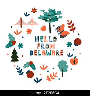 USA Kollektion. Hallo von Delaware Thema. Zustandssymbole runde Karte Stock Vektor