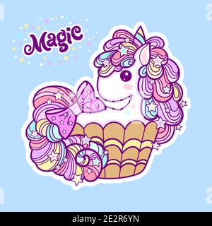 Niedliche Einhorn Cupcake auf einem blauen Hintergrund. Kawaii, Kinderzeichnung. Vektor Stock Vektor