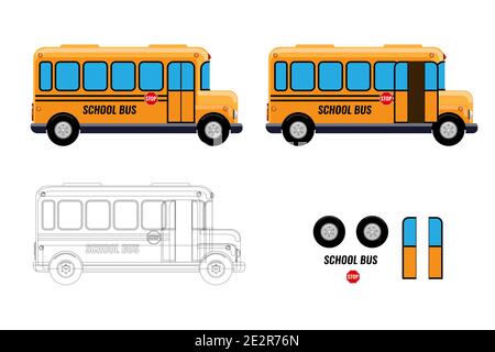 Schulbus mit separaten Elementen Türen öffnen und schließen für Ihre Animation Design. Flache und durchgehende Vektorgrafik. Stock Vektor