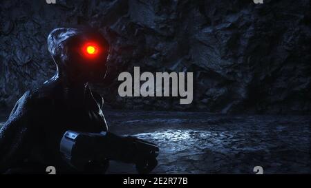 Alien, Monster mit Pistole im Lichtportal. 3d-Rendering. Stockfoto