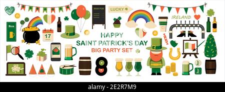 Ein großer Satz von flachen Icons für St. Patrick s Day EIN Satz von Illustrationen für eine Party, Einladung, Postkarte oder Banner. Vektor-Cliparts mit Bildern von Bier, Regenbogen, Gnom, Bart, Münzen und Klee. Isolierte Objekte auf weißem Hintergrund Stock Vektor