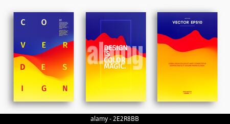 Cover Design-Vorlage mit gelbrot-blauem Farbverlauf. Gradient Mesh Poster abstrakter Hintergrund. Banner-Design mit Fluidgradient. Wellenvektor Stock Vektor